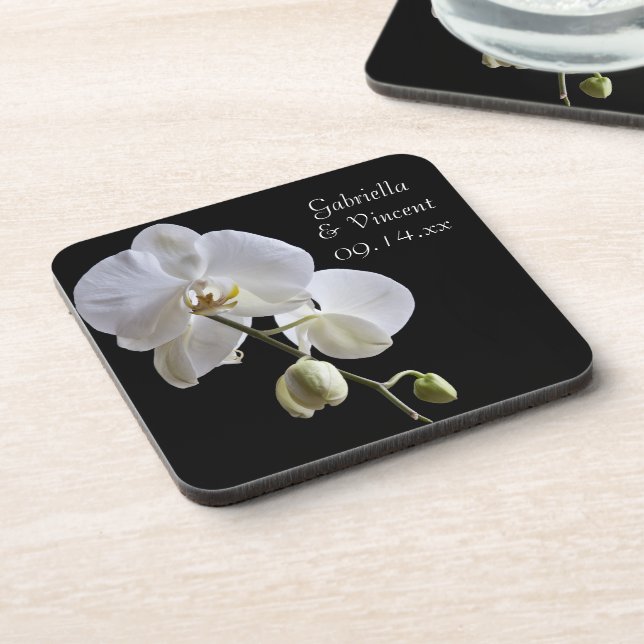 White Orchid on Black Wedding Coaster (Left Side)