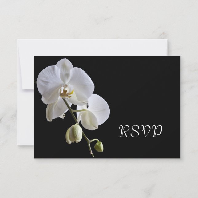 White Orchid on Black Wedding RSVP Response Card (Front)