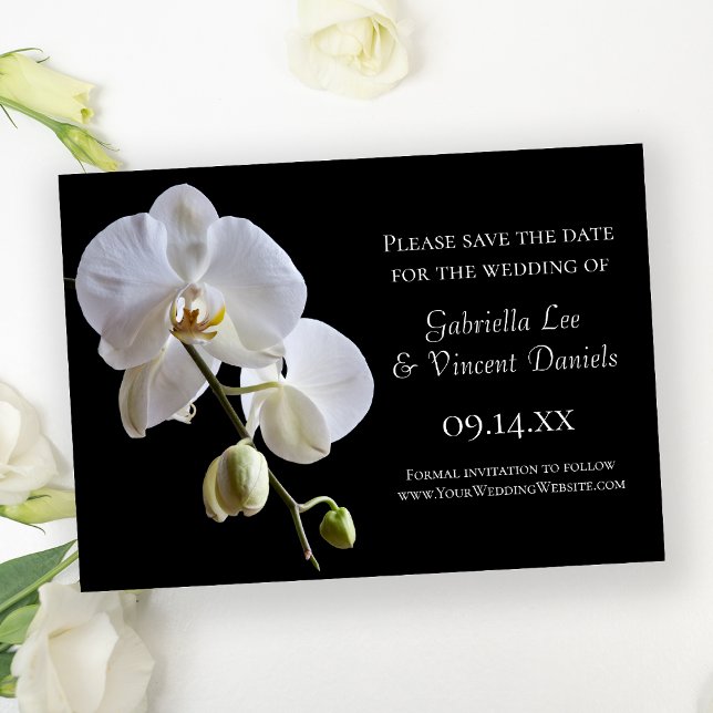 White Orchid on Black Wedding Save the Date (Creator Uploaded)