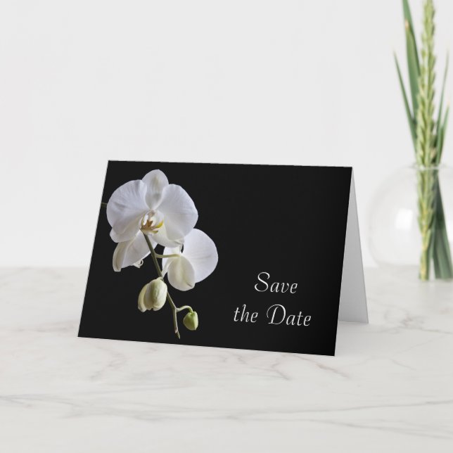 White Orchid on Black Wedding Save the Date Announcement (Front)