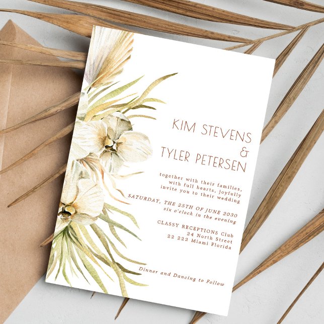 White orchid pampas grass modern boho wedding invitation (Creator Uploaded)