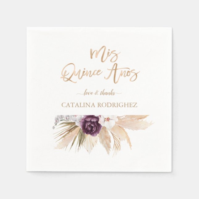 White Orchid Purple Rose Pampas Grass Quinceañera Napkin (Front)