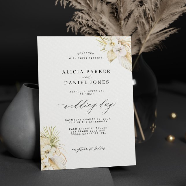 White orchid tropical pampas grass elegant wedding invitation (Creator Uploaded)