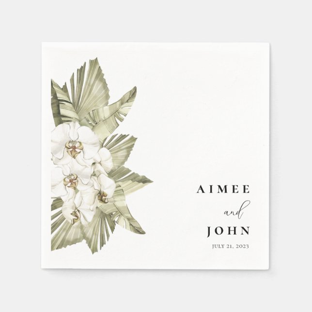 White Orchid Wedding Cocktail Napkins (Front)