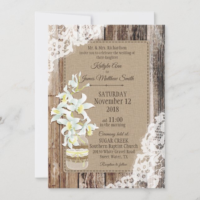 White Orchid Wood Lace Rustic Wedding Invitation (Front)