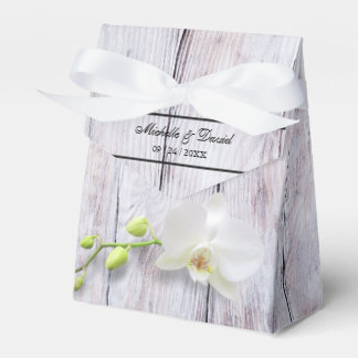 White Orchid Wooden Background Wedding Favour Box