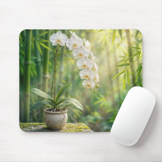 White Orchids and Bamboo Mouse Pad (With Mouse)