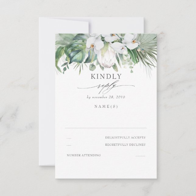 White Orchids and King Protea Wedding RSVP Card (Front)
