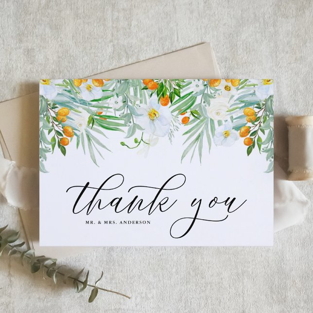White Orchids and Kumquat Floral Tropical Wedding Thank You Card (Creator Uploaded)
