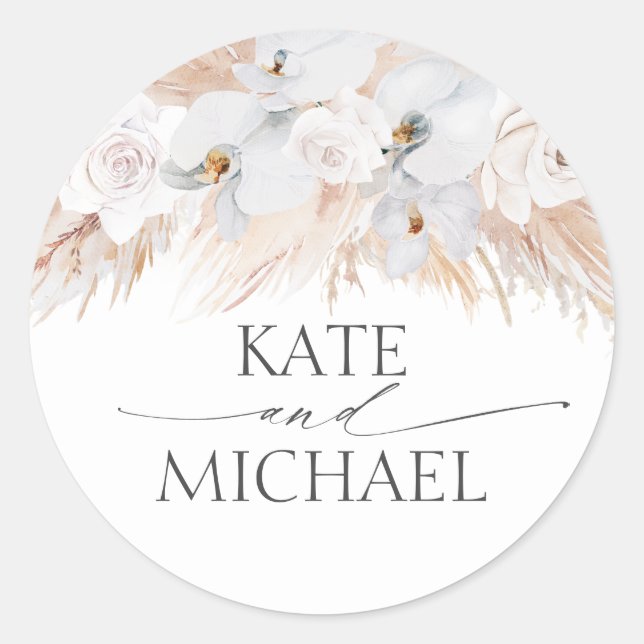 White Orchids and Pampas Grass Wedding Classic Round Sticker (Front)