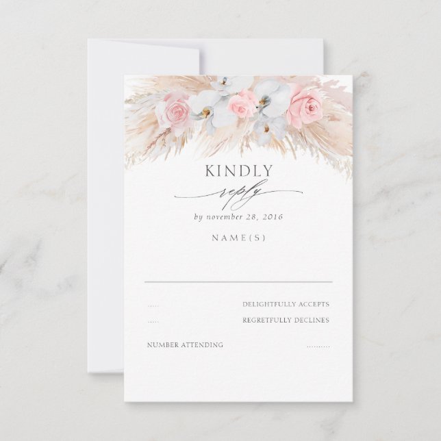 White Orchids and Pink Roses Pampas Wedding RSVP Card (Front)