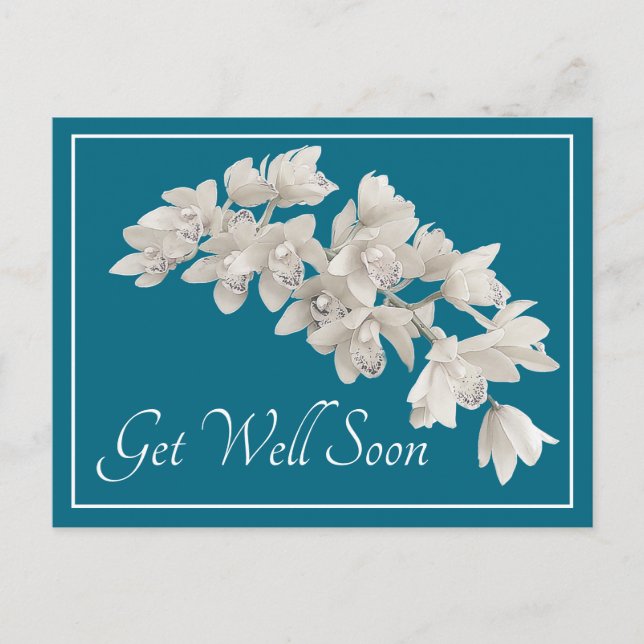 White Orchids Blue Background Get Well Soon Postcard (Front)