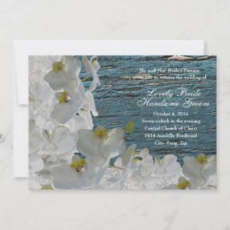 White Orchids Blue Wood Damask Wedding Invitation