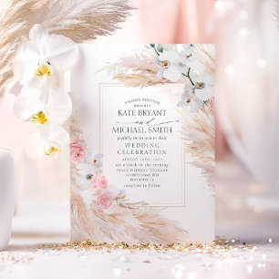 White Orchids Blush Roses and Pampas Grass Wedding Invitation