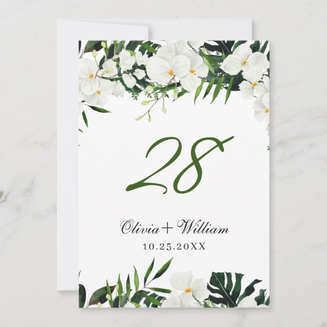 White Orchids Bohemian Wedding Table Number (Front)