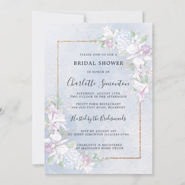 White Orchids Dusty Blue Watercolor Bridal Shower Invitation (Front)