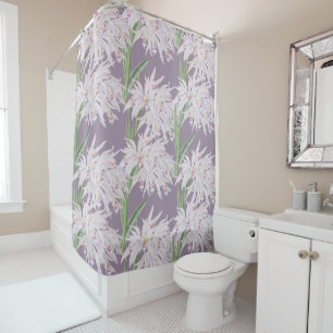 White Orchids Floral on Purple  Shower Curtain
