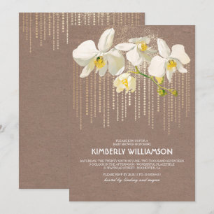 White Orchids Gold Glitter Vintage Baby Shower Invitation