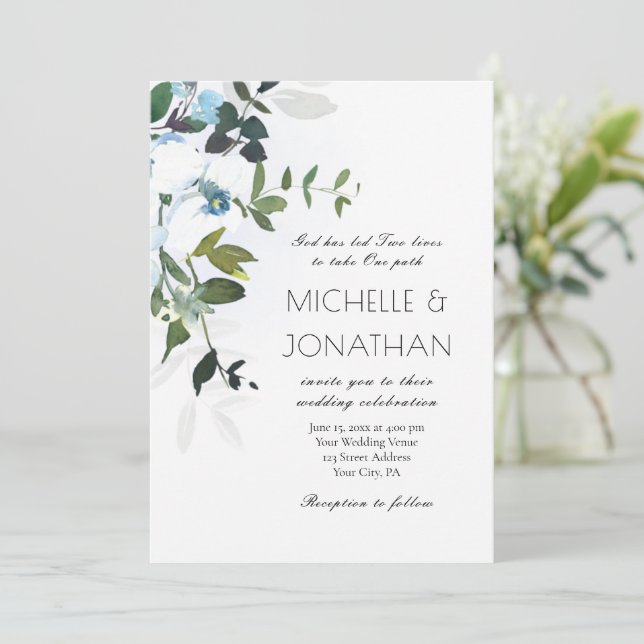 White Orchids Greenery Floral Christian Wedding Invitation (Standing Front)