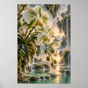 White Orchids in Sunset Waterfall Valley Wall Art