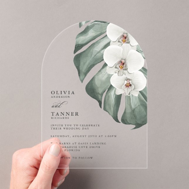 White Orchids Modern Arch Tropical Wedding Acrylic Invitations (Insitu (Handheld))