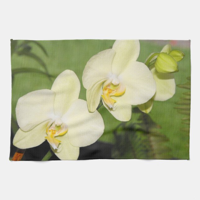 White Orchids on a green background Tea Towel (Horizontal)