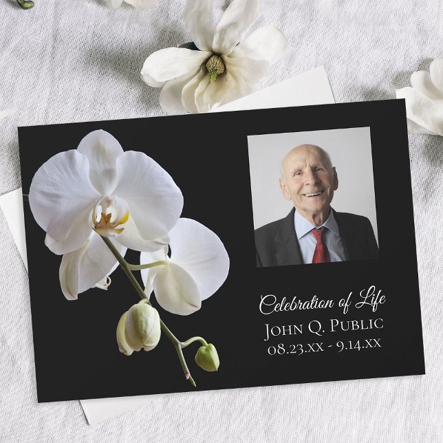 White Orchids on Black Celebration of Life Invitation (Creator Uploaded)