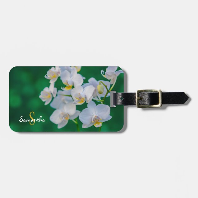 White Orchids on Green Luggage Tag (Front Horizontal)