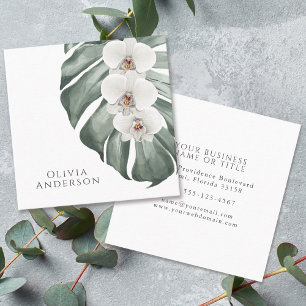 White Orchids on Monstera Tropical Botanical Square Business Card
