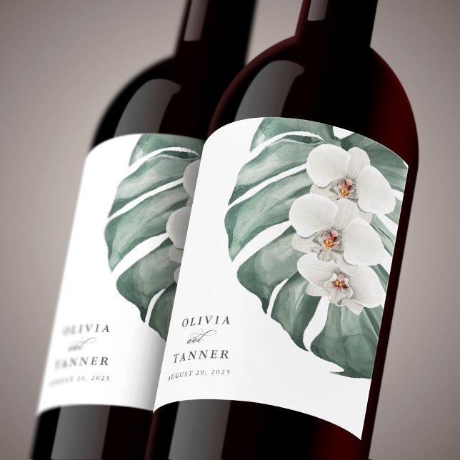 White Orchids on Monstera Tropical Paradise Wine Label (Creator Uploaded)