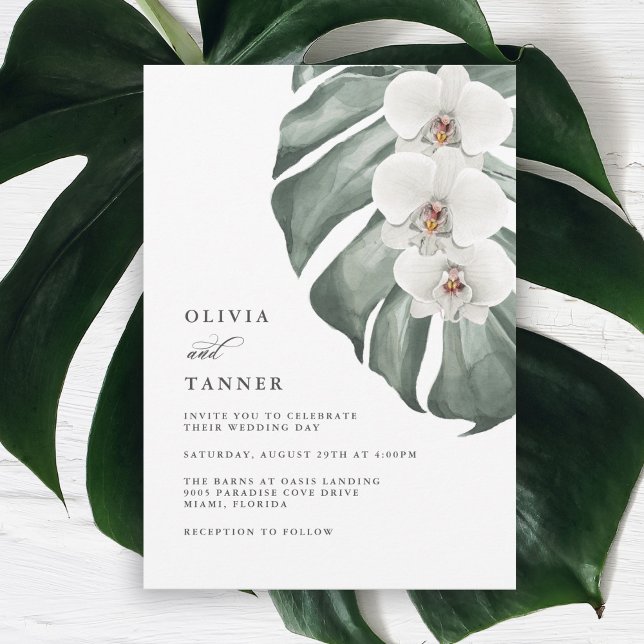 White Orchids on Monstera Tropical  Wedding Invitation (Creator Uploaded)