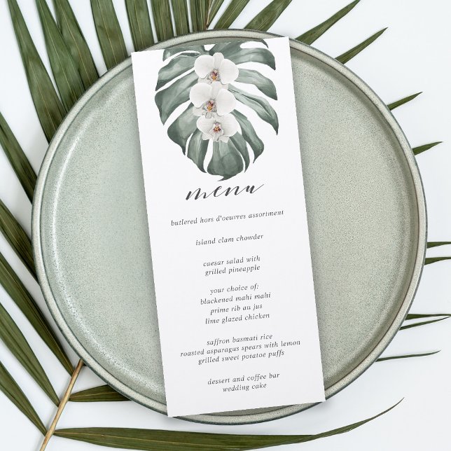 White Orchids on Monstera Tropical Wedding Menu Invitation (Creator Uploaded)