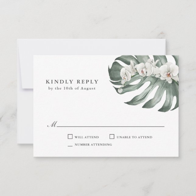 White Orchids on Monstera Tropical Wedding RSVP (Front)