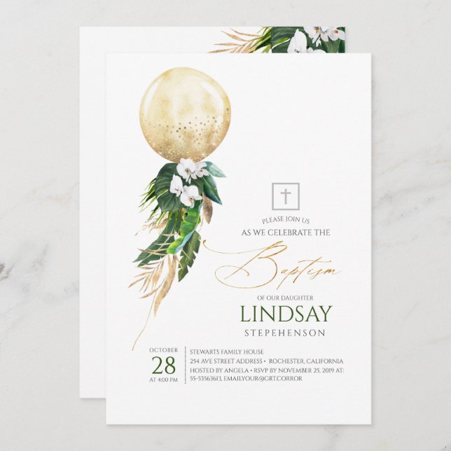 White Orchids Palm Leaves Gold Balloon Baptism Invitation (Front/Back)