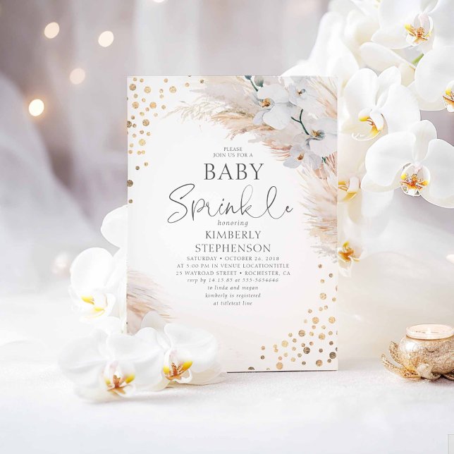 White Orchids Pampas Grass Baby Shower Sprinkle Invitation (Baby Sprinkle Boho Baby Shower Invitations)