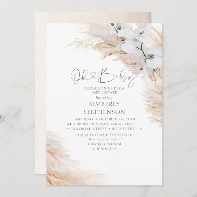 White Orchids Pampas Grass Oh Baby Shower Invitation (Front/Back)