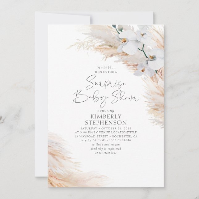 White Orchids Pampas Grass Surprise Baby Shower Invitation (Front)