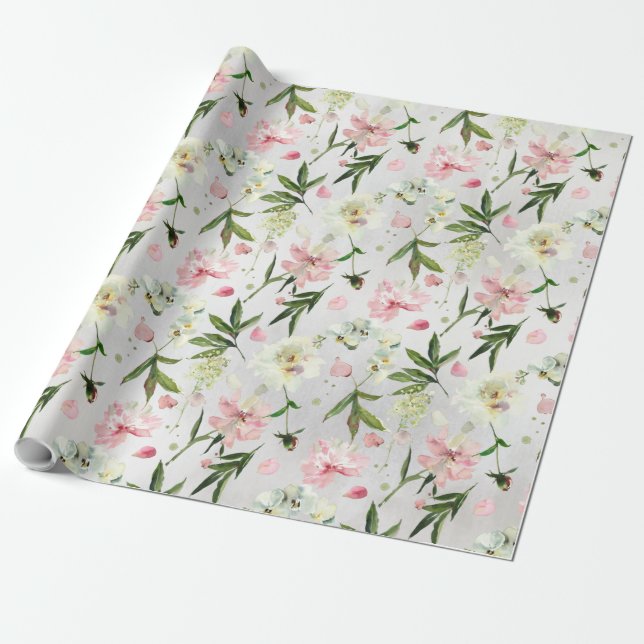 White Orchids Peonies & Pink Petals Floral Garden Wrapping Paper (Unrolled)