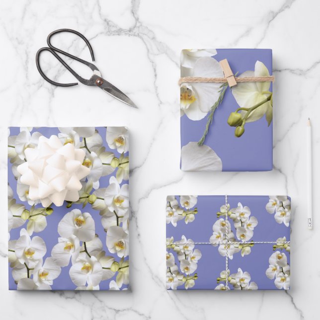 White Orchids Periwinkle Blue Lavender Wrapping Paper Sheet (Front)