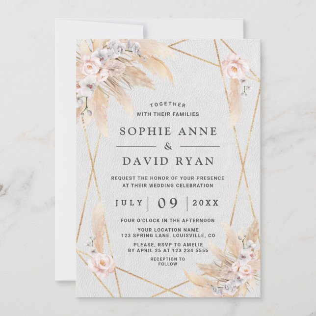 White Orchids Pink Rose Pampas Grass Gold Wedding  Invitation (Front)
