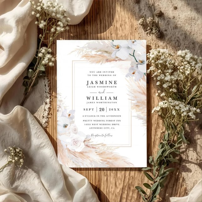 White Orchids Roses Pampas Grass QR Code Wedding Invitation (Creator Uploaded)