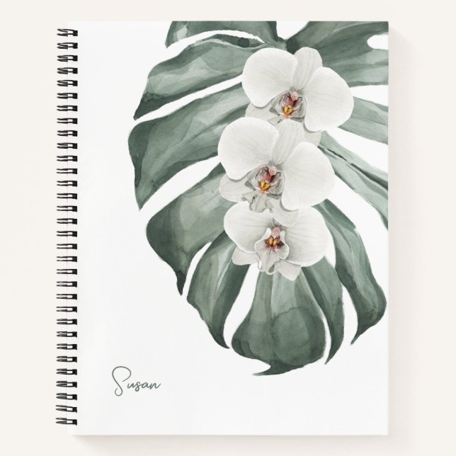 White Orchids Tropical Floral with Your Name Notebook (Front)