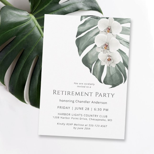 White Orchids Tropical Paradise Retirement Party Invitation (Contemporary styling in this retirement party invitation, available as digital download & printed.)