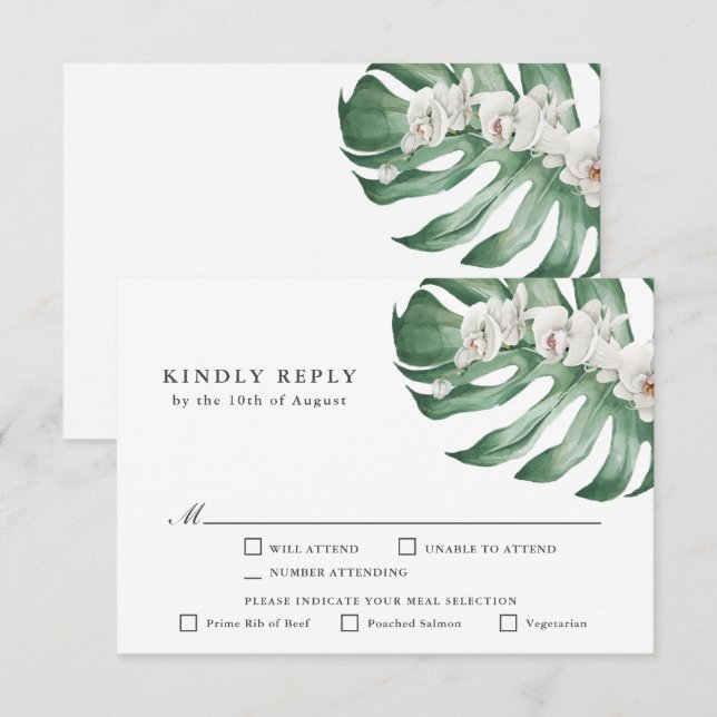 White Orchids Tropical Wedding RSVP with Entrees Card (Front/Back)