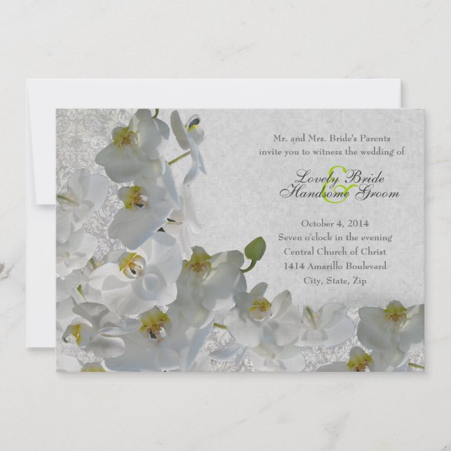 White Orchids Vintage Damask Wedding Invitation (Front)