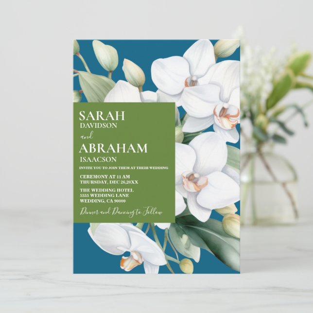 White Orchids Wedding Invitation (Standing Front)