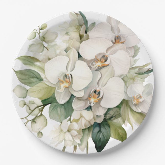 White Orchids Wedding Paper Plate (Front)