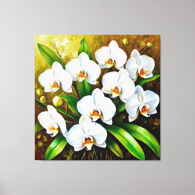 White Orchids with Green Leaves Canvas Print (Front)