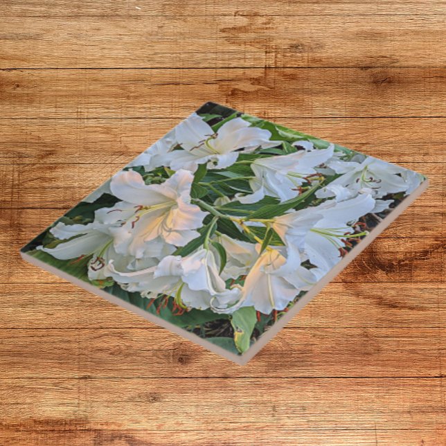 White Oriental Lily Blooms Floral Tile (In Situ)