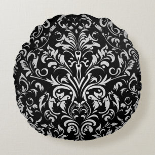 White Ornamental Damask Leaves on Deep Black Round Cushion